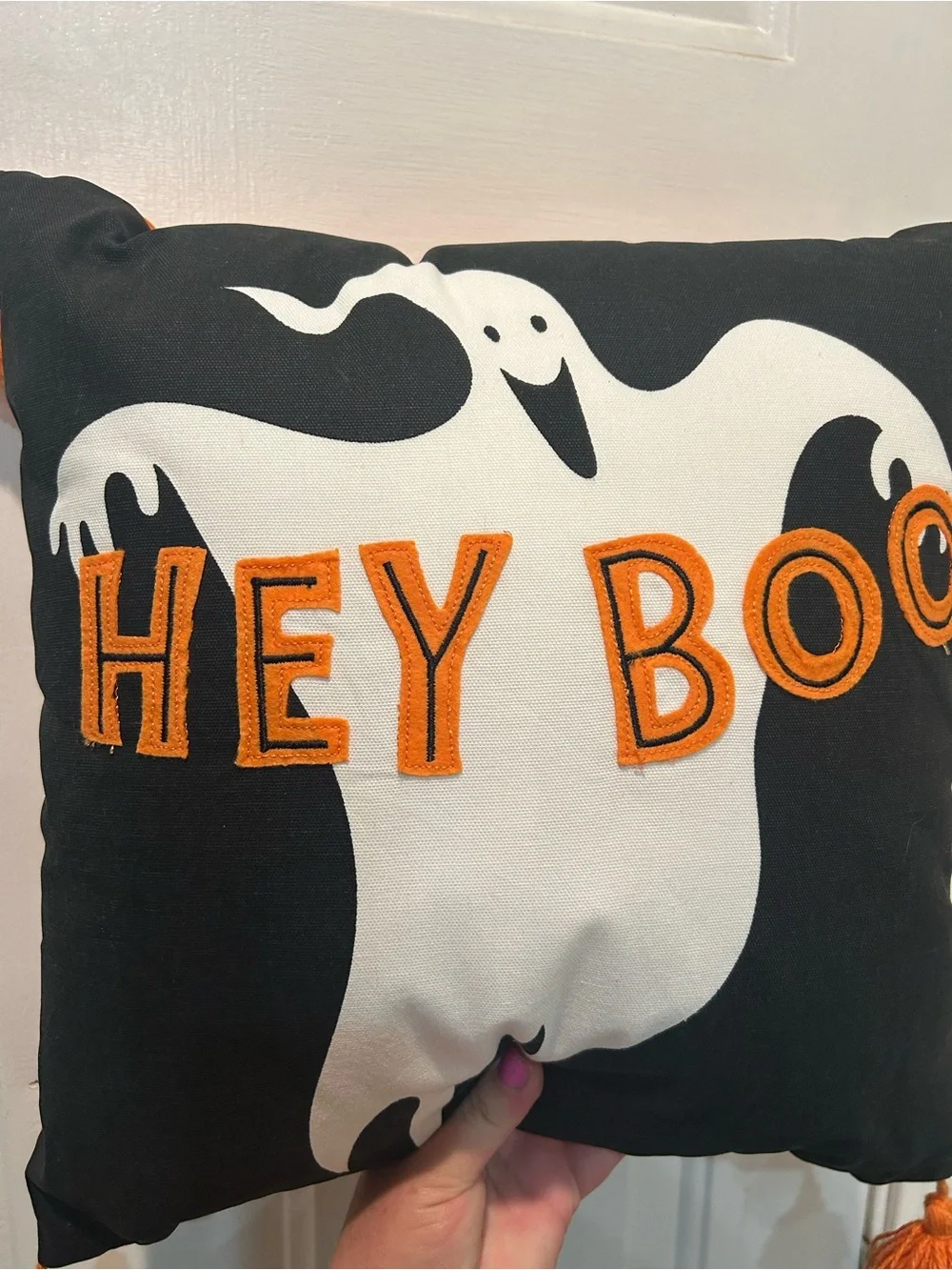 Target Hyde & EEK Halloween Hey Boo Ghost Square Pillow Tassels Black 2019